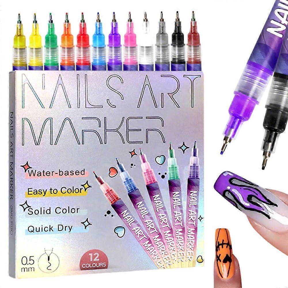 12 Colors Nail Art Pens Set with Waterproof QuickDry Ink and Precision Fine Tip for Gel Nails