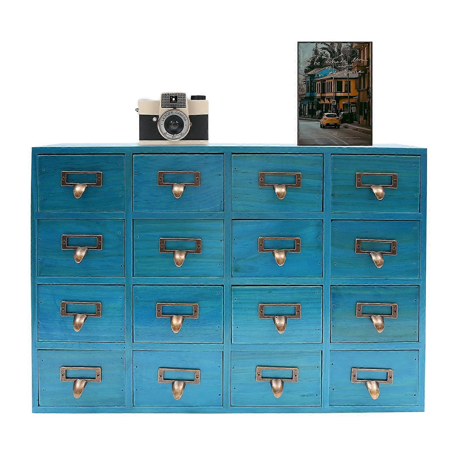 Vintage Wooden 16 Drawer Storage Cabinet with Label Holders for Countertop Small Item Organization, Blue