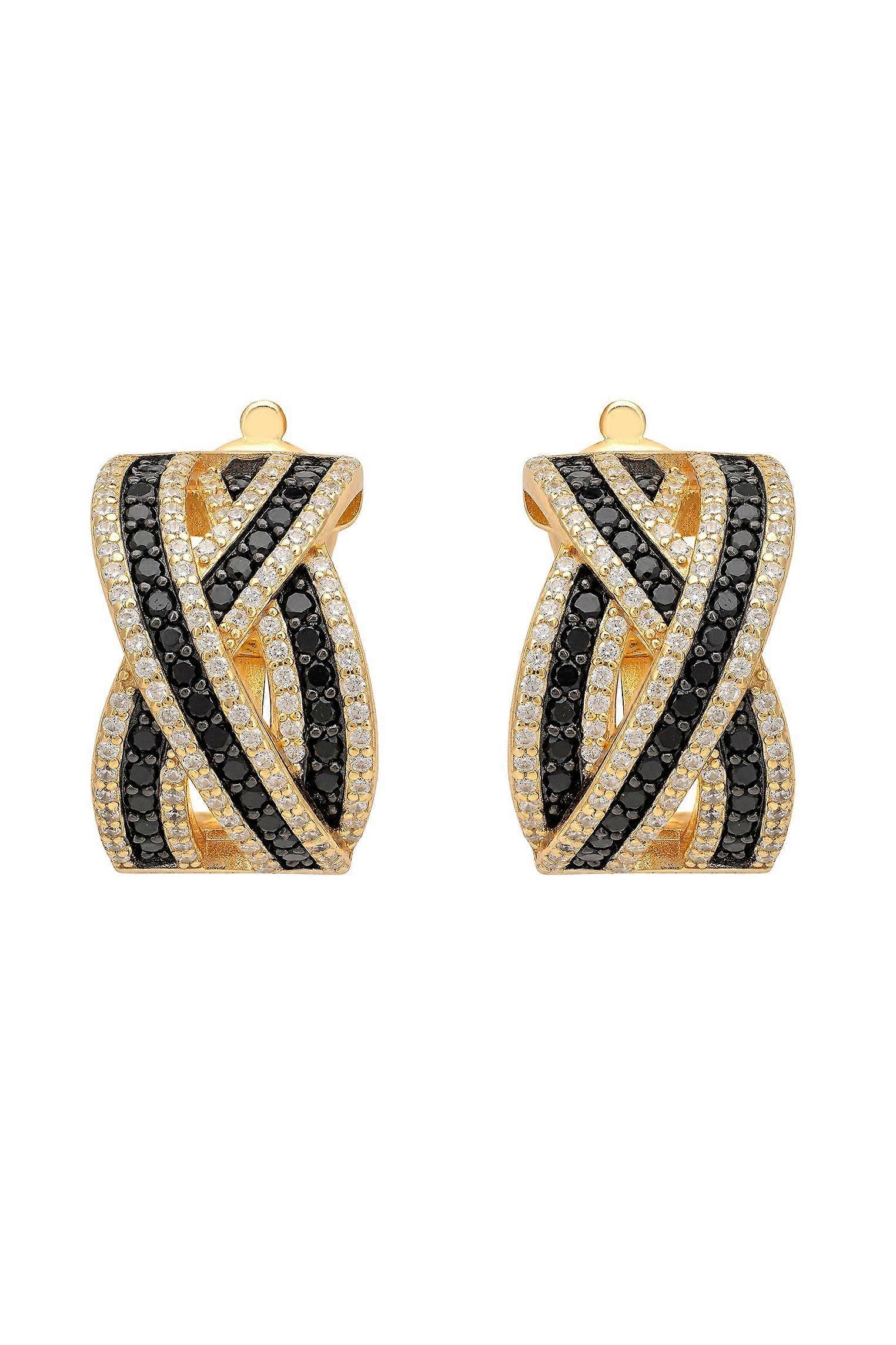 Crossover Hoop Earrings Black Cz Gold