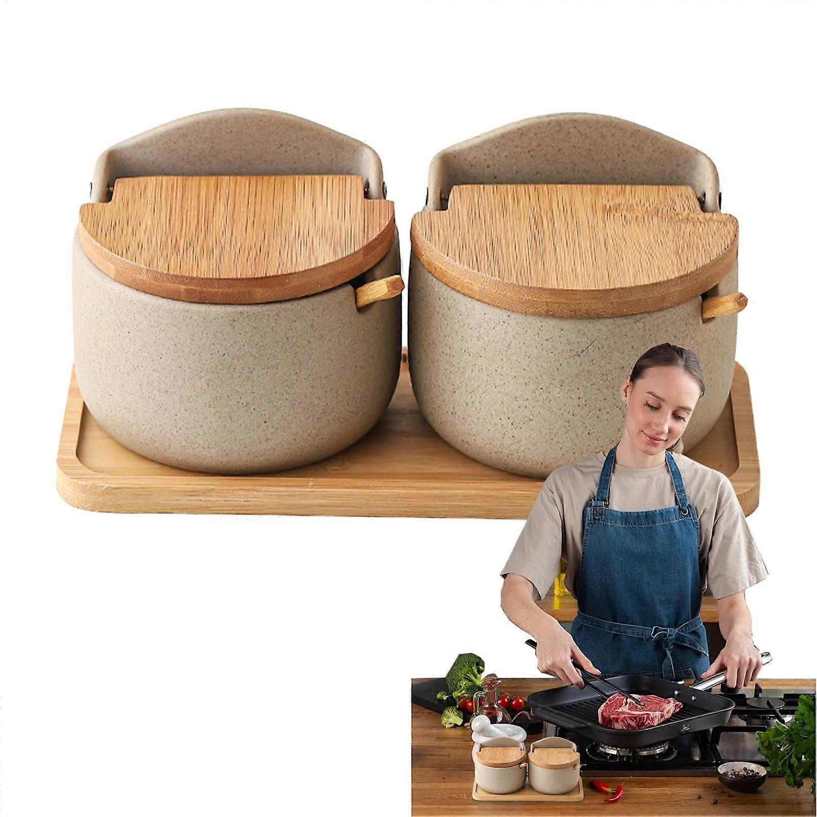 Ceramic Salt Container with Wooden Lid and Spoon, MoistureProof Kitchen Counter Storage Jar