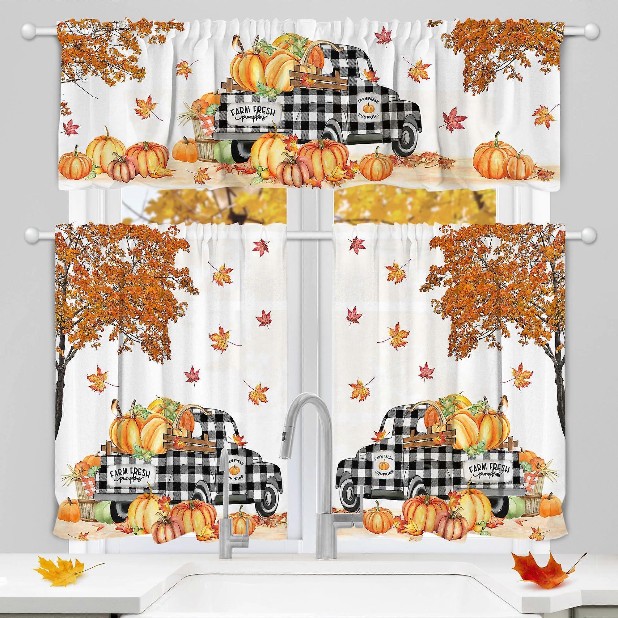 Fall Kitchen Curtains Set with Valance, 3Piece Pumpkin and Leaf Design, 54x36 Inch Light Filtering
