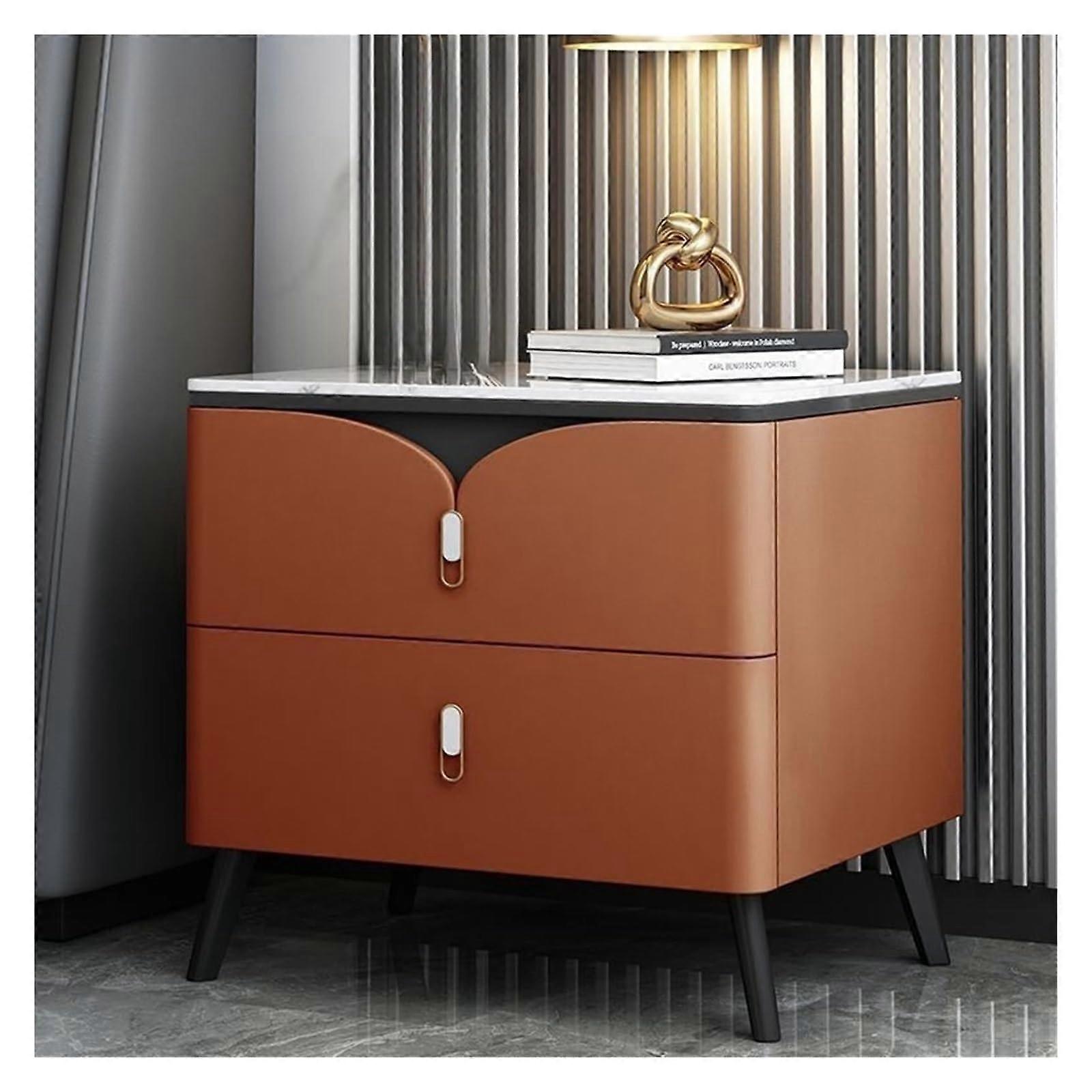 Modern Solid Wood Bedside Table with Rock , Leather Finish and 2 Drawers, Orange 50CM