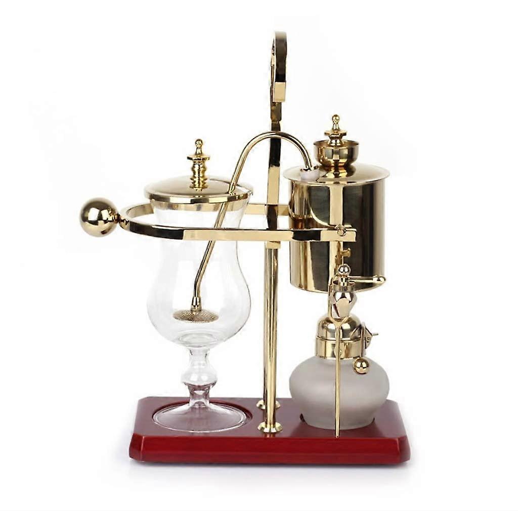 Golden Balanced Siphon Coffee Maker with Permanent Stainless Filter and Elegant Wood Base