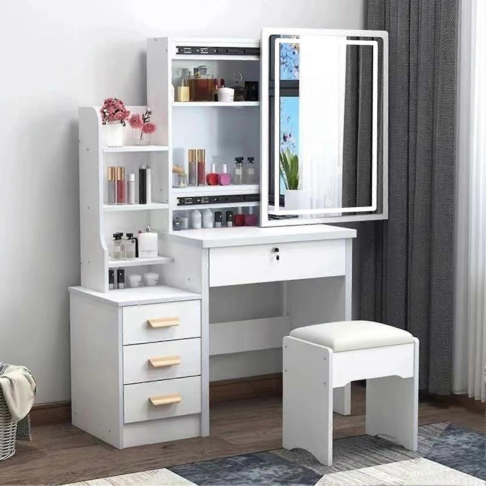 White Vanity Table with LED Lights, Adjustable Brightness Mirror, Drawers Shelves, Stool Included