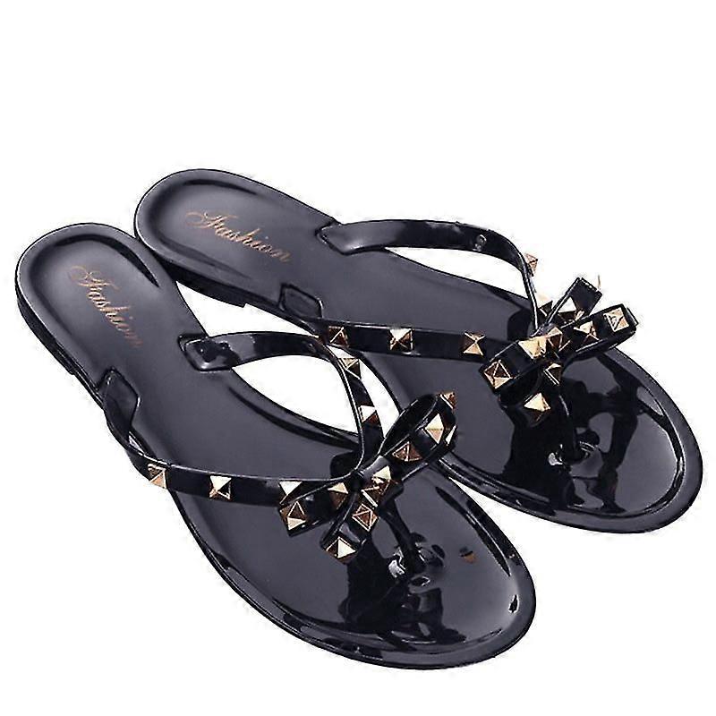Women's Studded Bow Jelly Flat Flip Flops