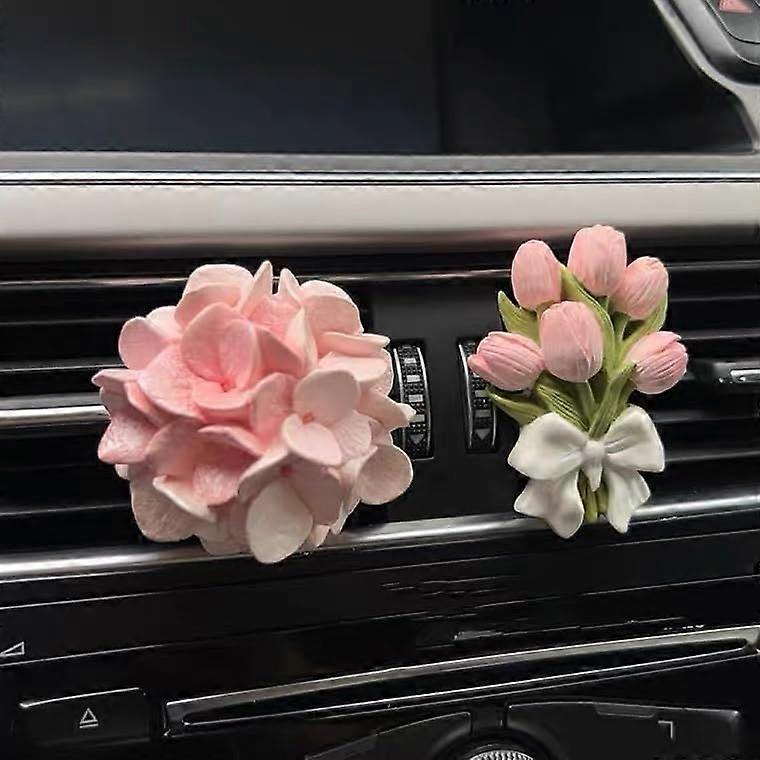 Lot de 2 clips décoratifs roses à motifs floraux (tulipes et hortensias) pour grilles d'aération de voiture, cadeau élégant pour l'intérieur de votre voiture