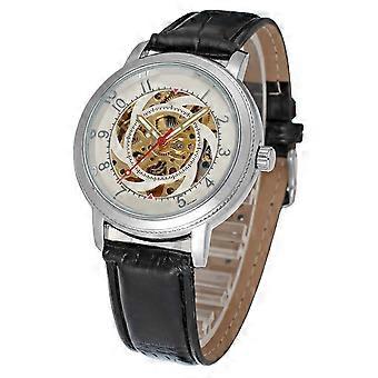 Fashion Skeleton Mechanical Watch With Transparent Dial And Leather Strap
