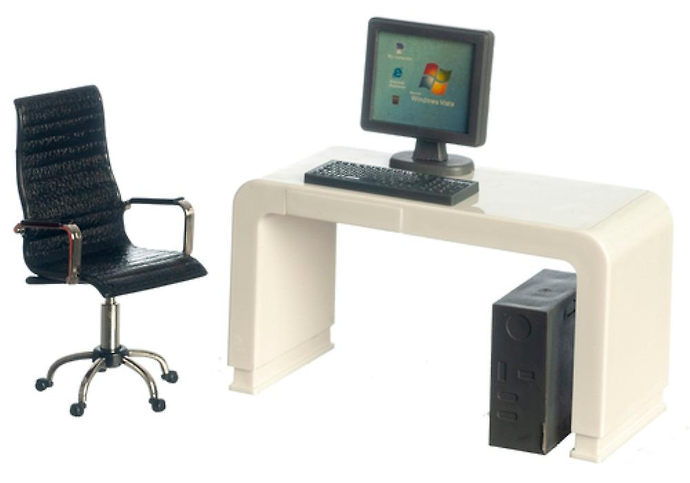 Dolls House White Computer Desk & Black Swivel Chair Modern Office Furniture Set