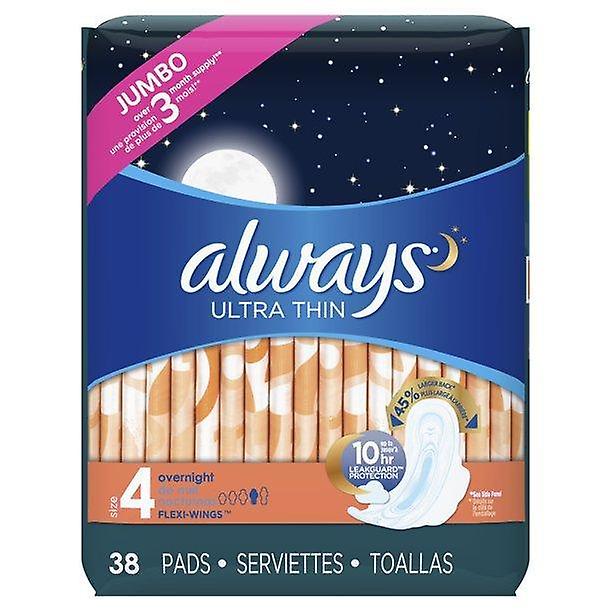 Always Ultra Thin Overnight Pads With Wings, Unscented, Size 4, 38 Ct