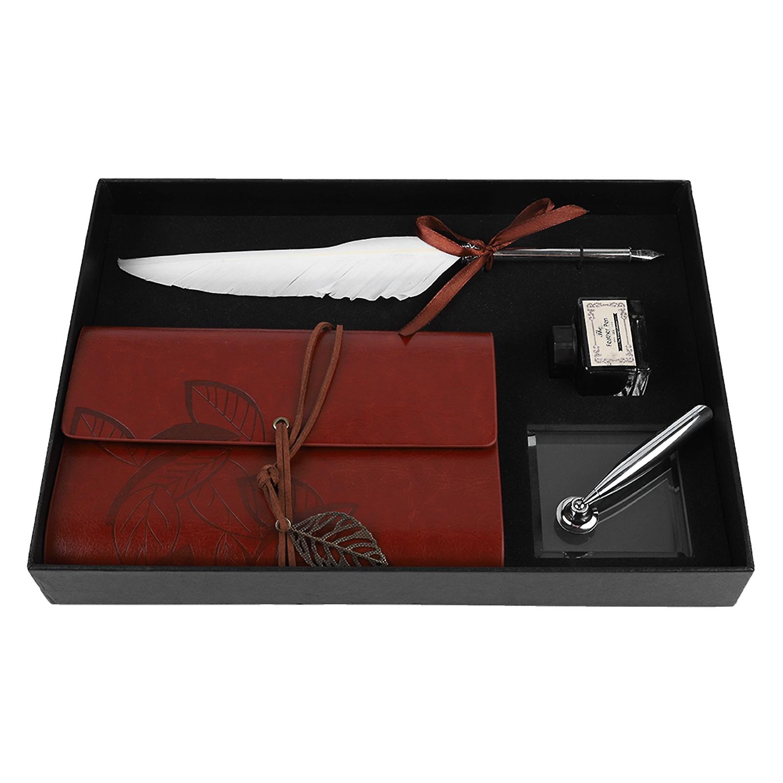 Carnet de notes rétro en cuir, stylo plume, stylo plume, ensemble de bouteilles d'encre, papeterie, coffret cadeau blanc