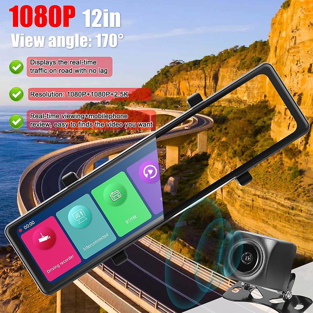 3 Cameras Dash Cam 12in 2.5k Clear Car Rearview Mirror Bt Car Video Recording Camcorder Touched Screen Car Camera Recorder
