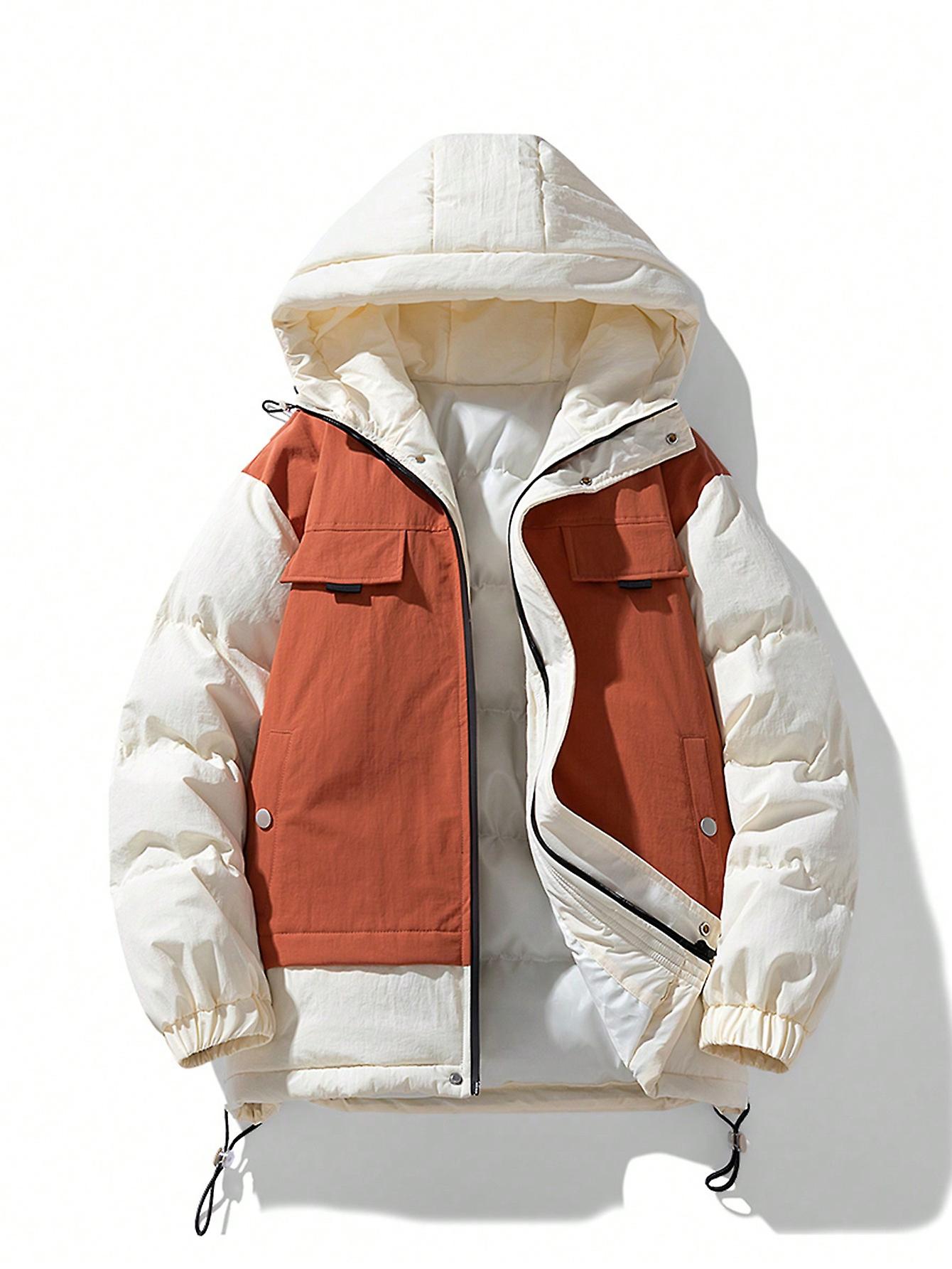 Men Two Tone Drawstring Hem Hooded Winter Coat