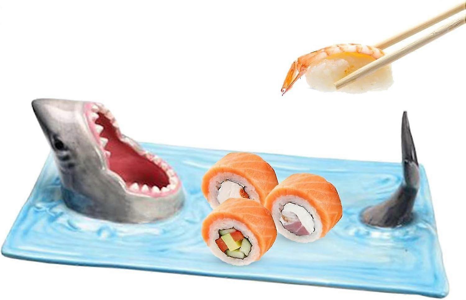 Sushi Boat Serving Tray, Rectangle Sushi Platter with Soy Sauce Holder - Shark Design
