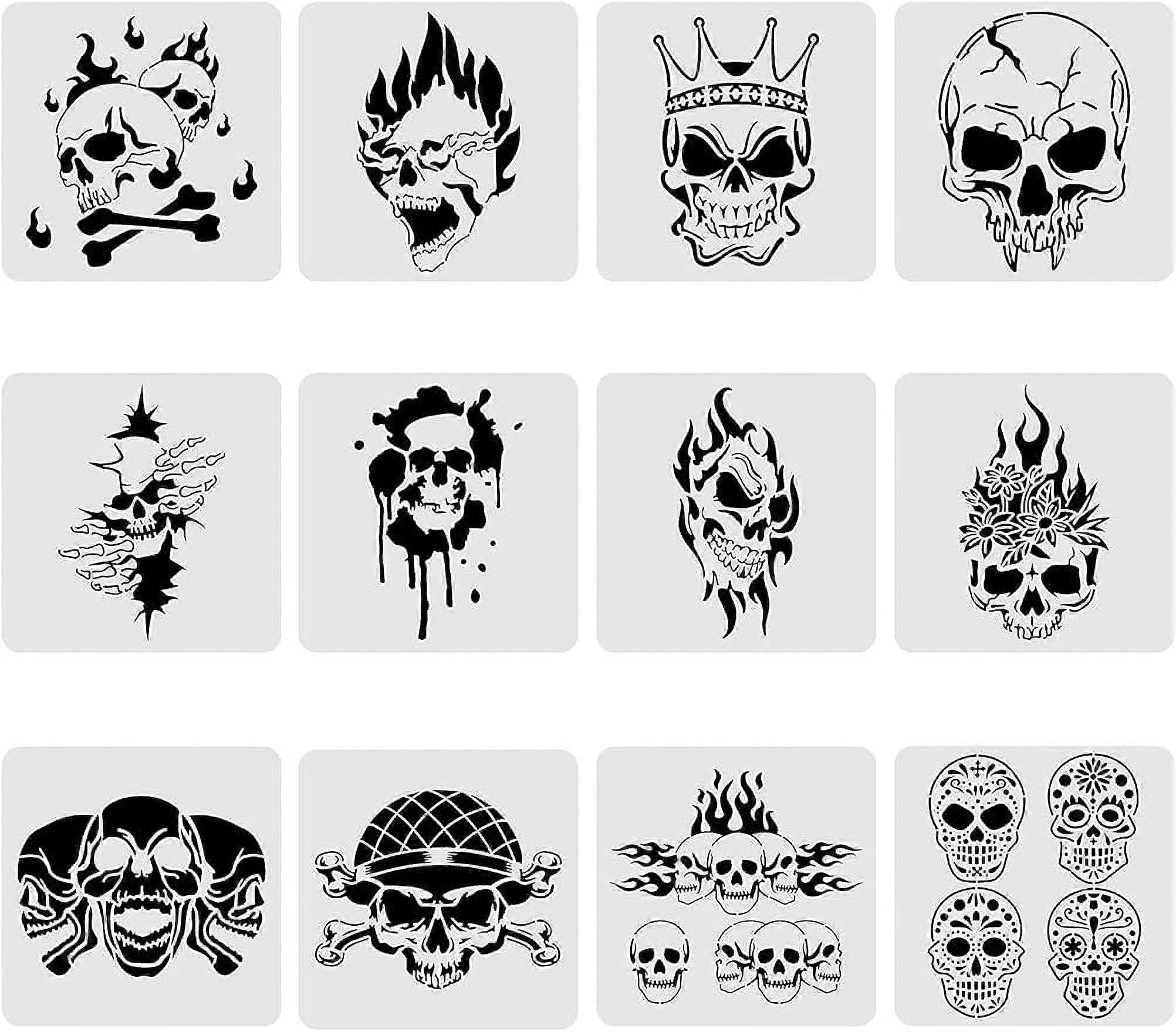 12PCS Skull Pattern Plastic Drawing Templates Stencil