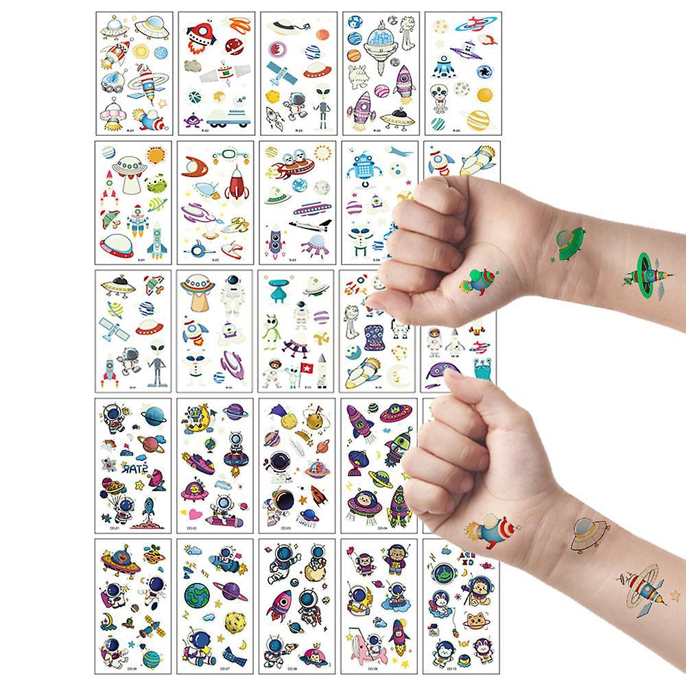 25 feuilles Glow Tatouages temporaires,Styles de l’espace Tatouages phosphorescents,Autocollants de tatouage lumineux Faux tatouages Fournitures de fête Cadeaux