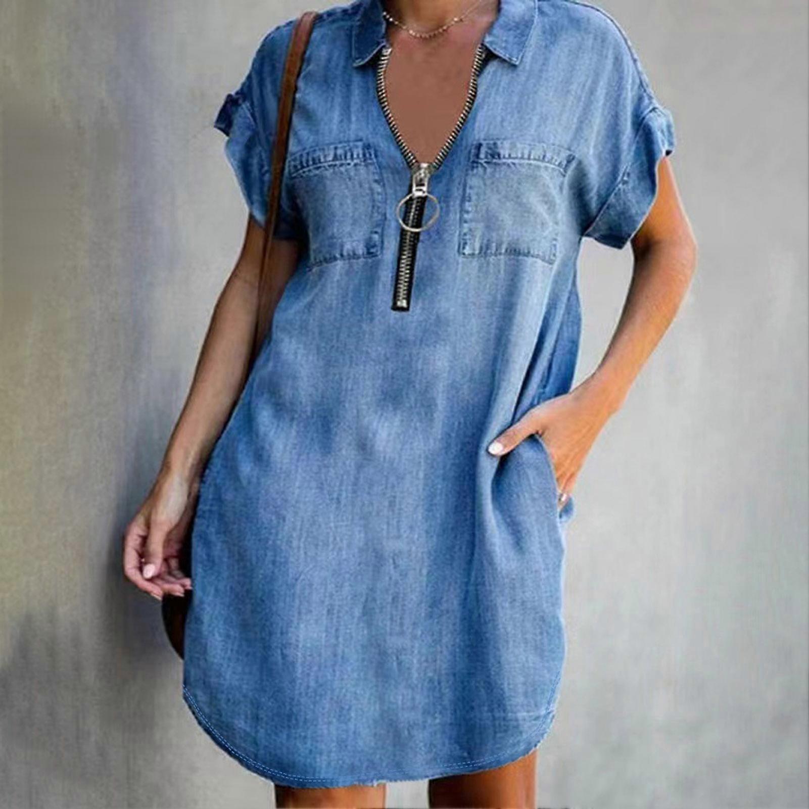 Kadın Denim Gömlek Elbiseler Parti Seyahat Tatil Tatil için Rahat Gevşek Kısa Kollu Denim Bluz Elbise