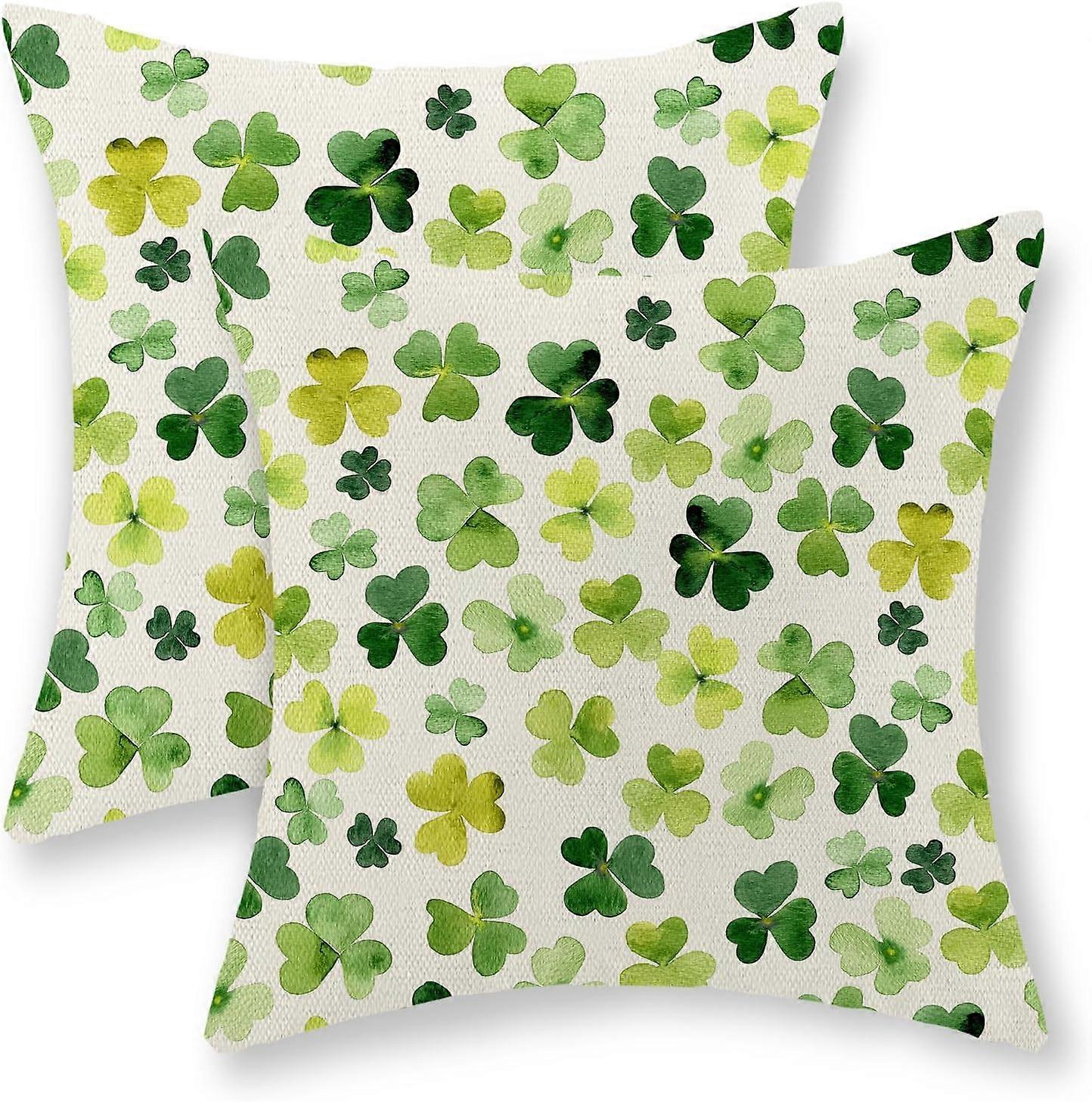 St Patricks Day Pillow Covers 18x18 Inch Set of 2, Lucky Green Shamrock Butterfly Throw Pillows Spring Decor Linen Square Pillowcase Clover Farmhouse 