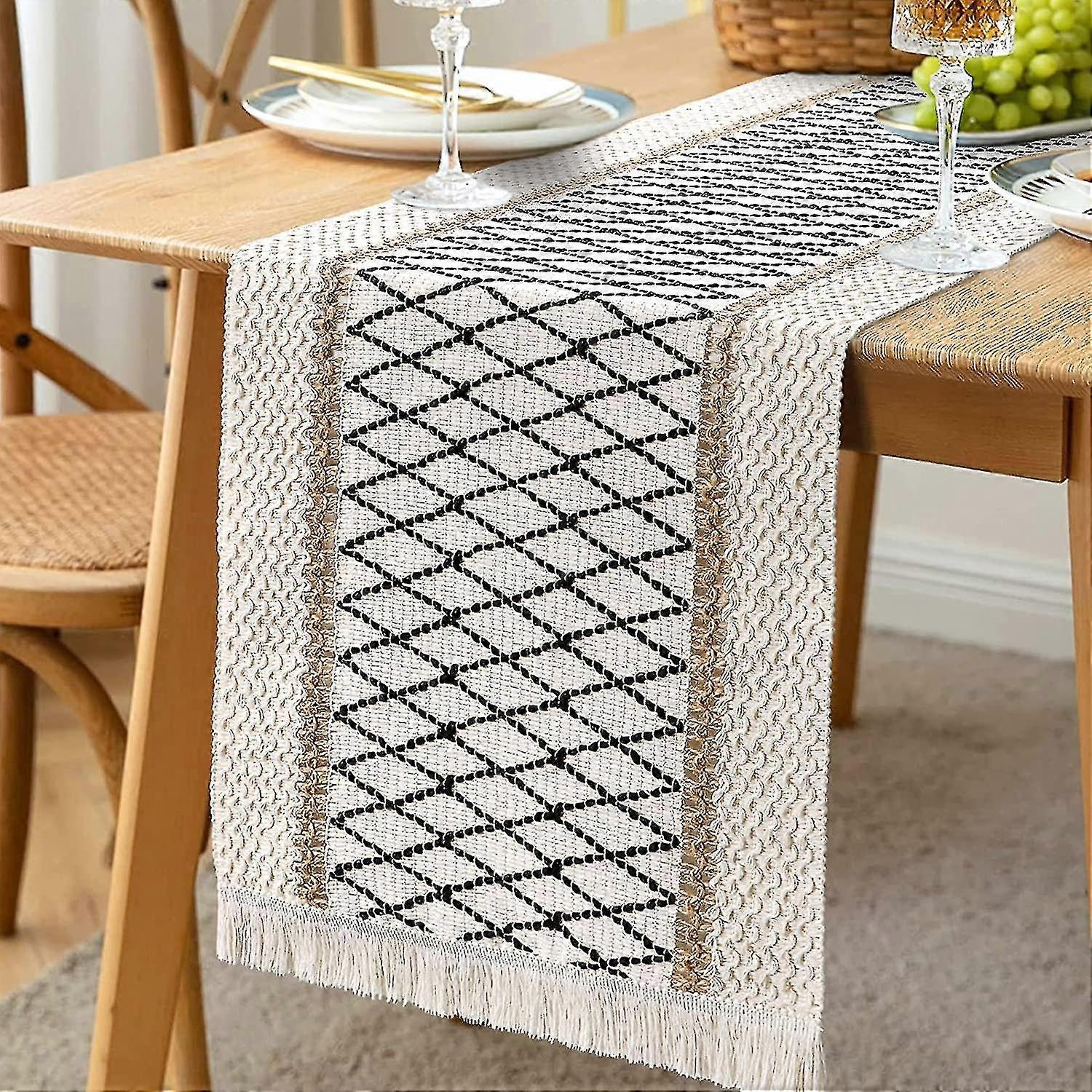 Table Runner,with Pompoms, Hand Woven Cotton And Burlap30*180cm