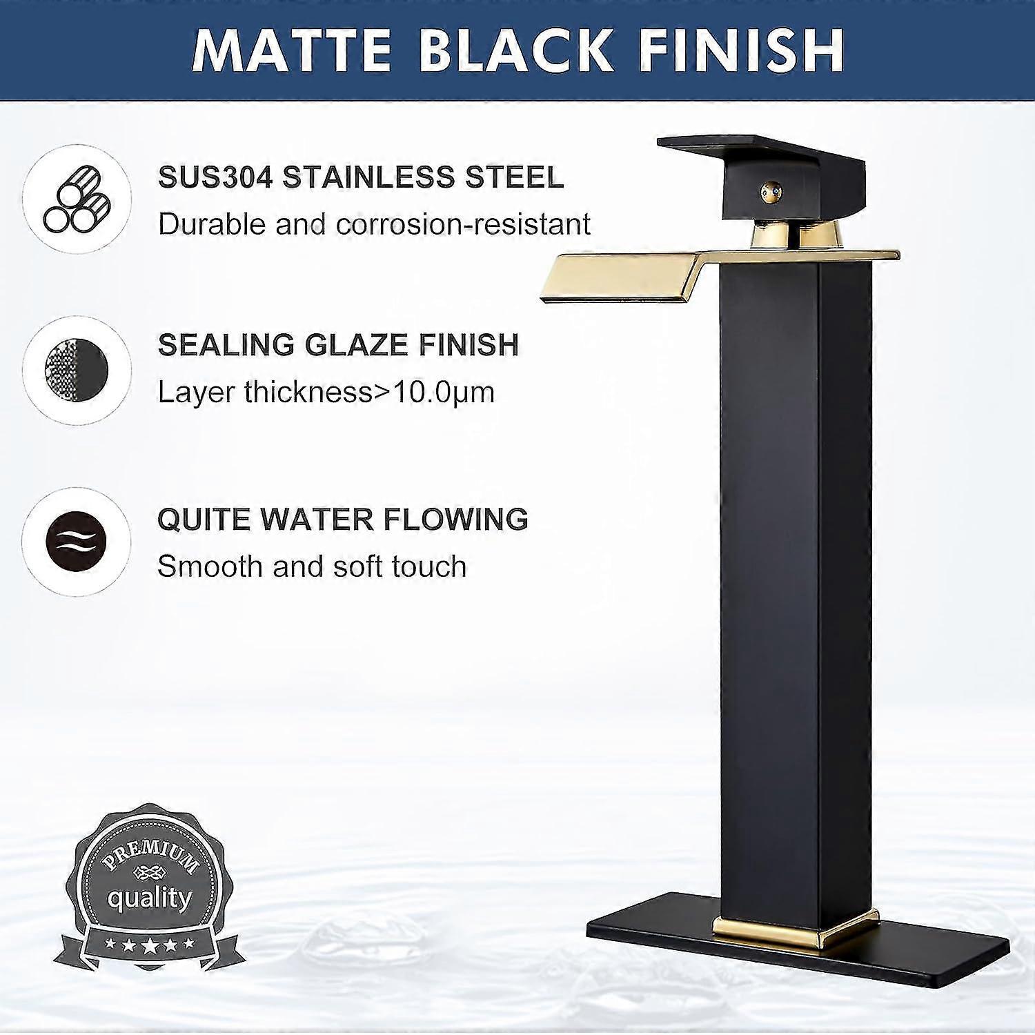 Waterfall Tall Bathroom Faucet for 1 Hole, Black and Gold Single Handle Bathroom Faucet for Vessel Sink, Modern Vessel Sink Faucet with Metal Pop-up D