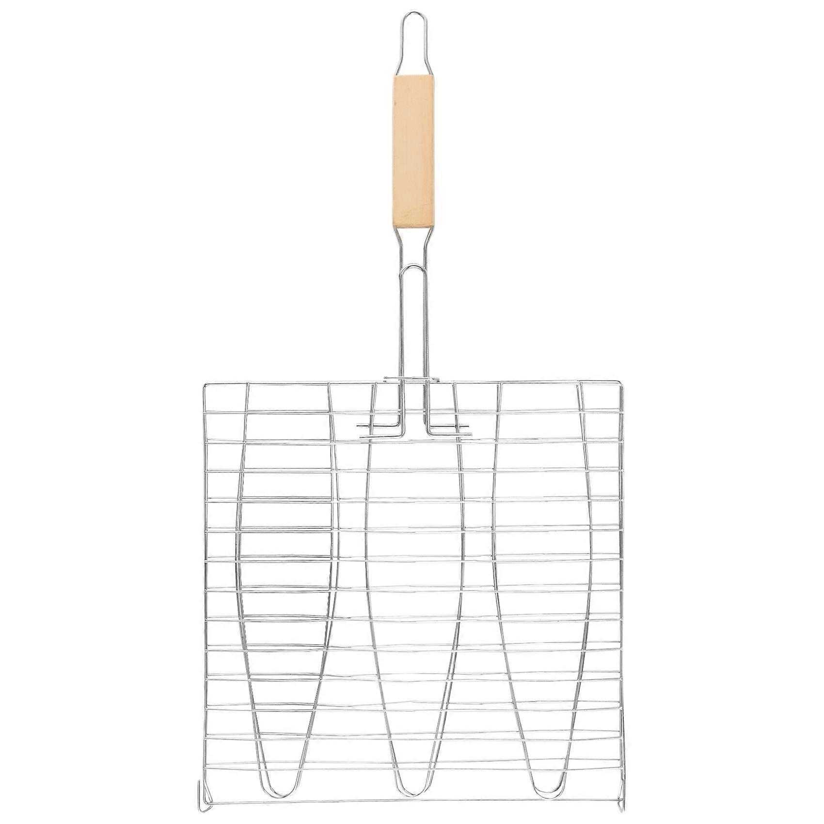 BBQ Fish Grill Net Barbecue Grilling Fish Rack Non-Stick Grilling Basket Wood Handle Barbecue Tool