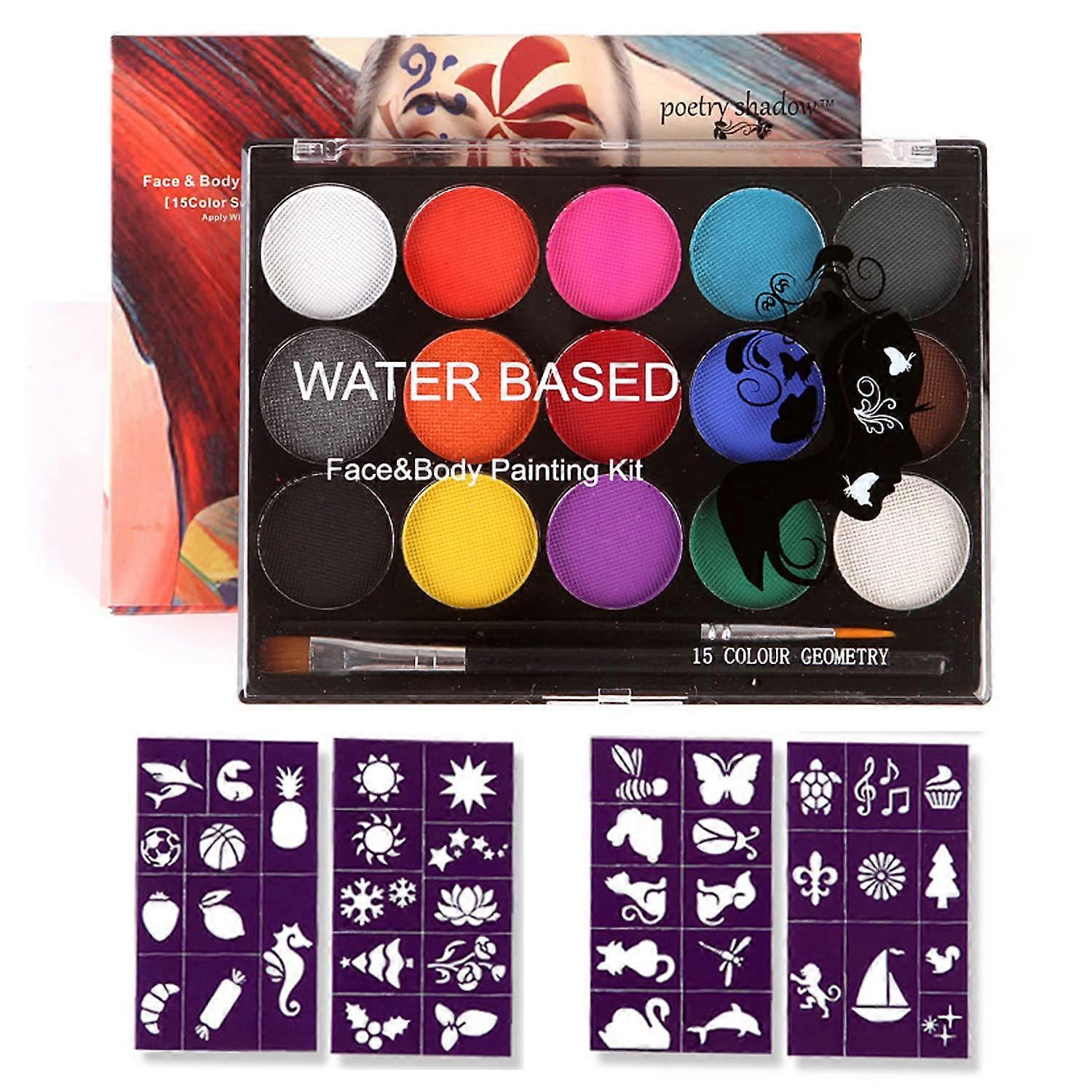 Face Paint Kit 15 Color Water Based Paints Palette Washable with 2 Brushes 4 Makeup Templates for Party Festival