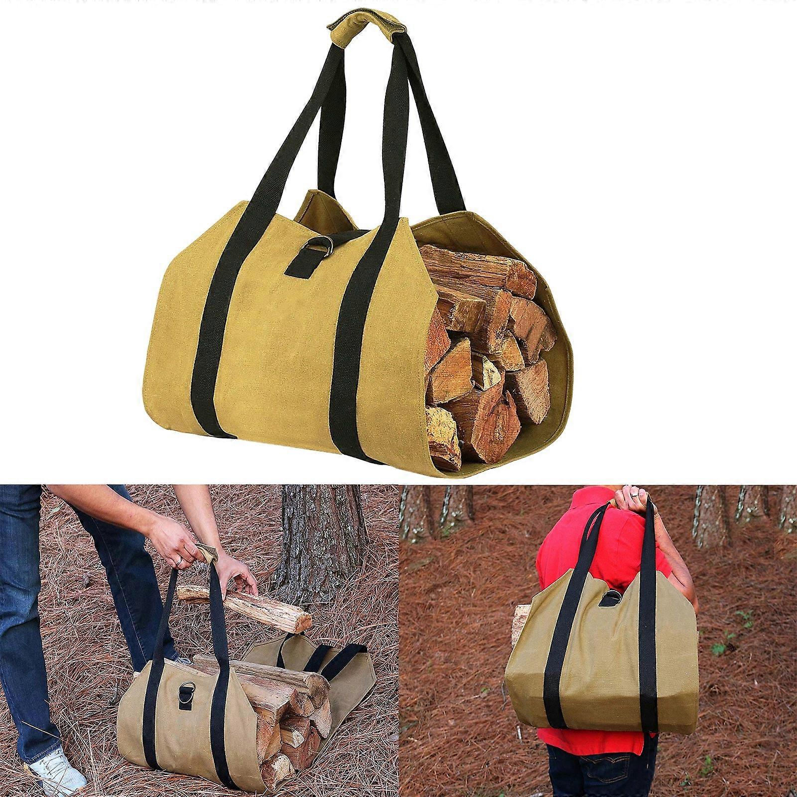 Sac à Bûches En Toile Cirée Kaki - Transport Et Rangement Bois De Chauffage Polyvalent Pour Camping Et Jardin