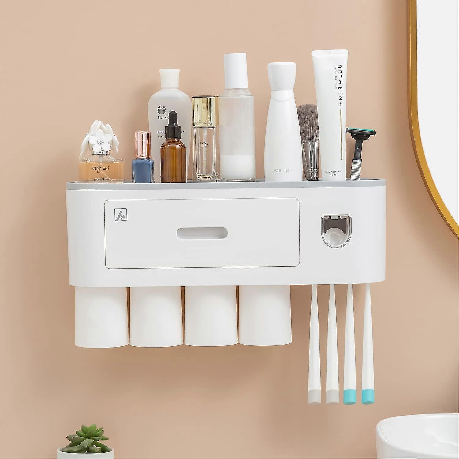 Toothbrush Holder with Toothpaste Dispenser-Multifunctional Wall Mounted Space-Saving Automatic Toothpaste Dispenser Squeezer Kit, 4 Toothbrush Slots,