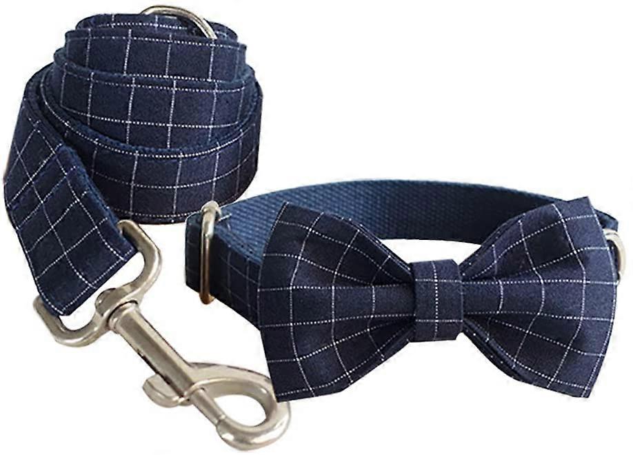 Double layer bow dog collar 2 pieces blue suit plaid L