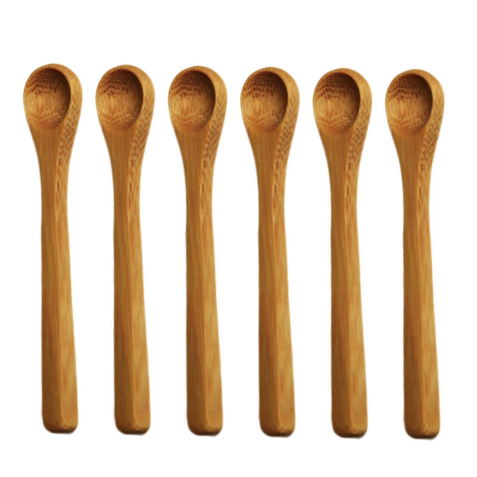 6Pcs Bamboo Long Handle Deep Spoon Flatware Coffee Honey Drinking Kitchen Gadget