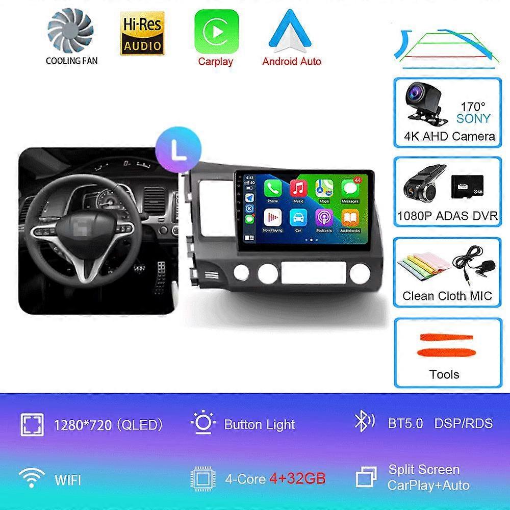 For Honda Civic 8 FK FN FD 2005 - 2012 Carplay Auto 4G+WIFI GPS Car Radio Navigation Multimedia Video Player Stereo Android 14