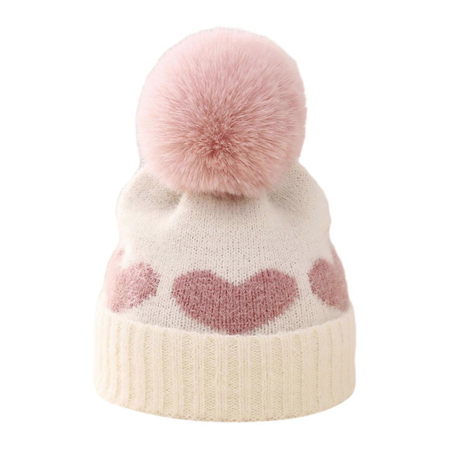 Winter Children Hat Heart Print Color Matching Plush Ball Decor Soft Thick Knitted Elastic Anti-slip