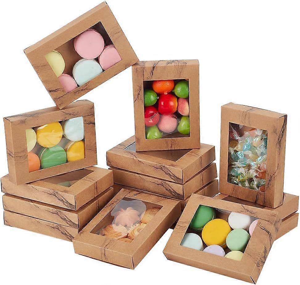 15Pcs 5.7x4.1x1.0Inches Marble Kraft Paper Bakery Box, Kraft Paper Gift Box with Clear Window, Favor Treat Box for Candy, Cookies, Mini-Card, Handmade