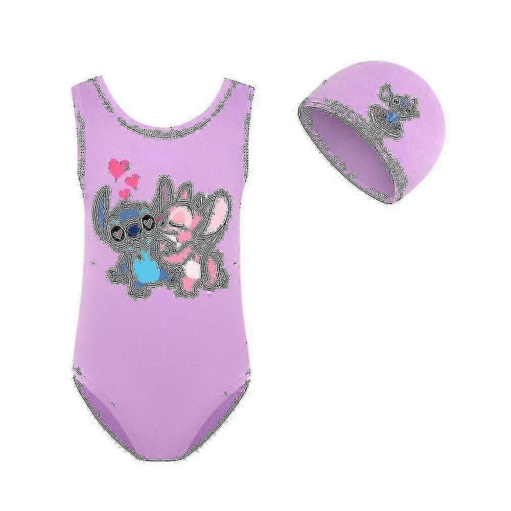 Stitch Girls Swimsuit Piece Swimwear Fashion Lilo And Stitch Swimwear For Bathing Suits+cap Purple 130cm