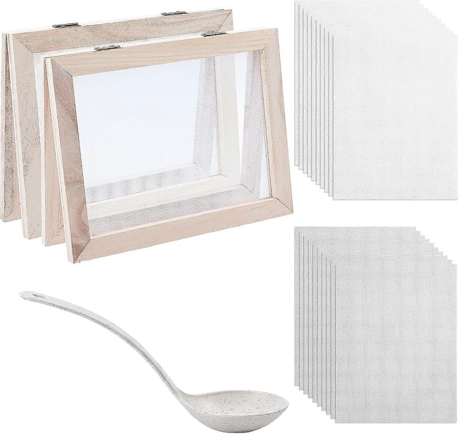 9.8x7.5Inch Paper Making Screen Kit Including 2pcs Papermaking Mould Frame Screen 10 pcs Paper Making Cloth 1 pcs Straw Spoon for DIY Paper Craft