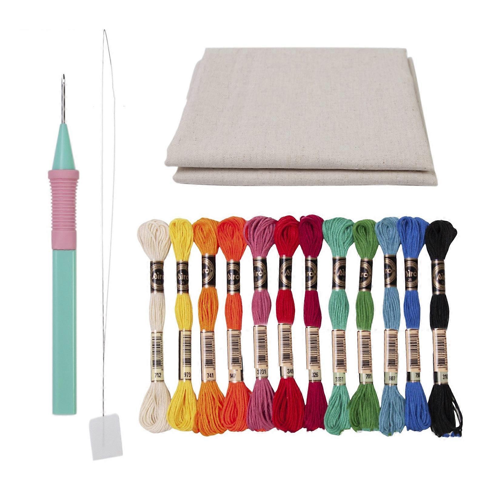Punching Needle Embroidery Cloth Set with 12 Color Yarn and Threader for Beginner, Travel Punching Needle Embroidery Set