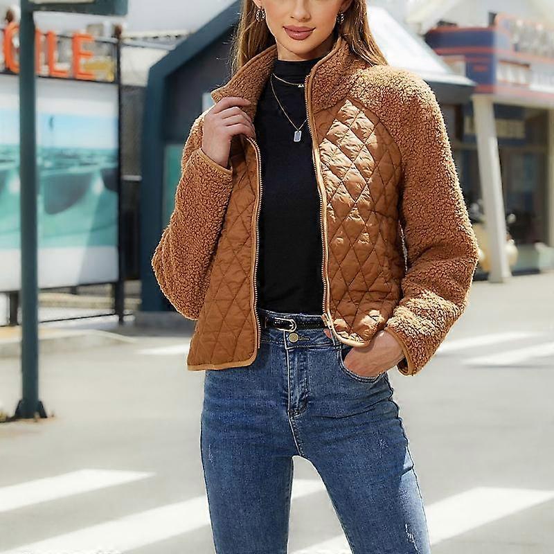 Cardigan Zipper Long Sleeve Coat Women's Plush Patchwork Solid Color Top