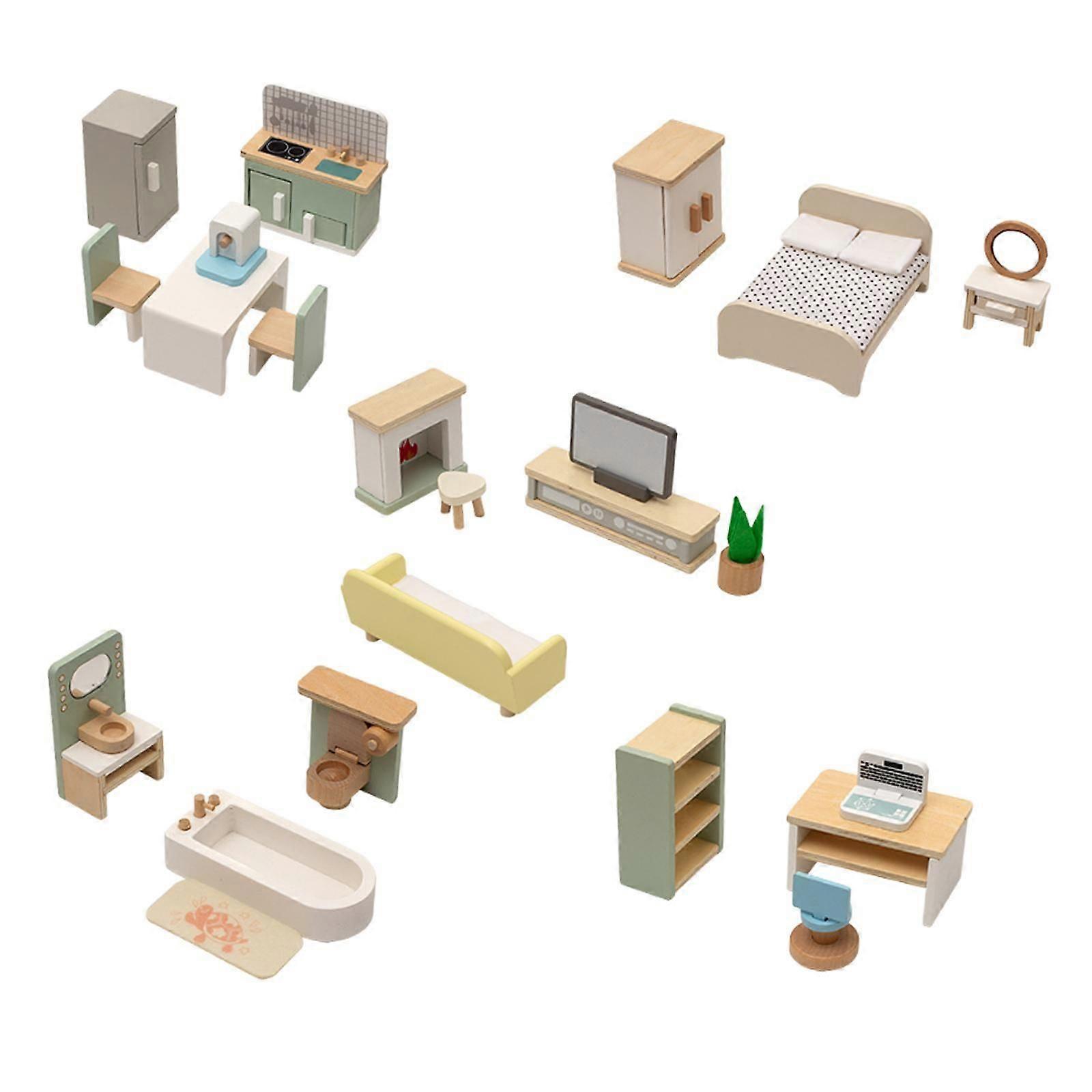 木製ドールハウス家具子供のおもちゃの家具セット男の子、女の子、年齢3+