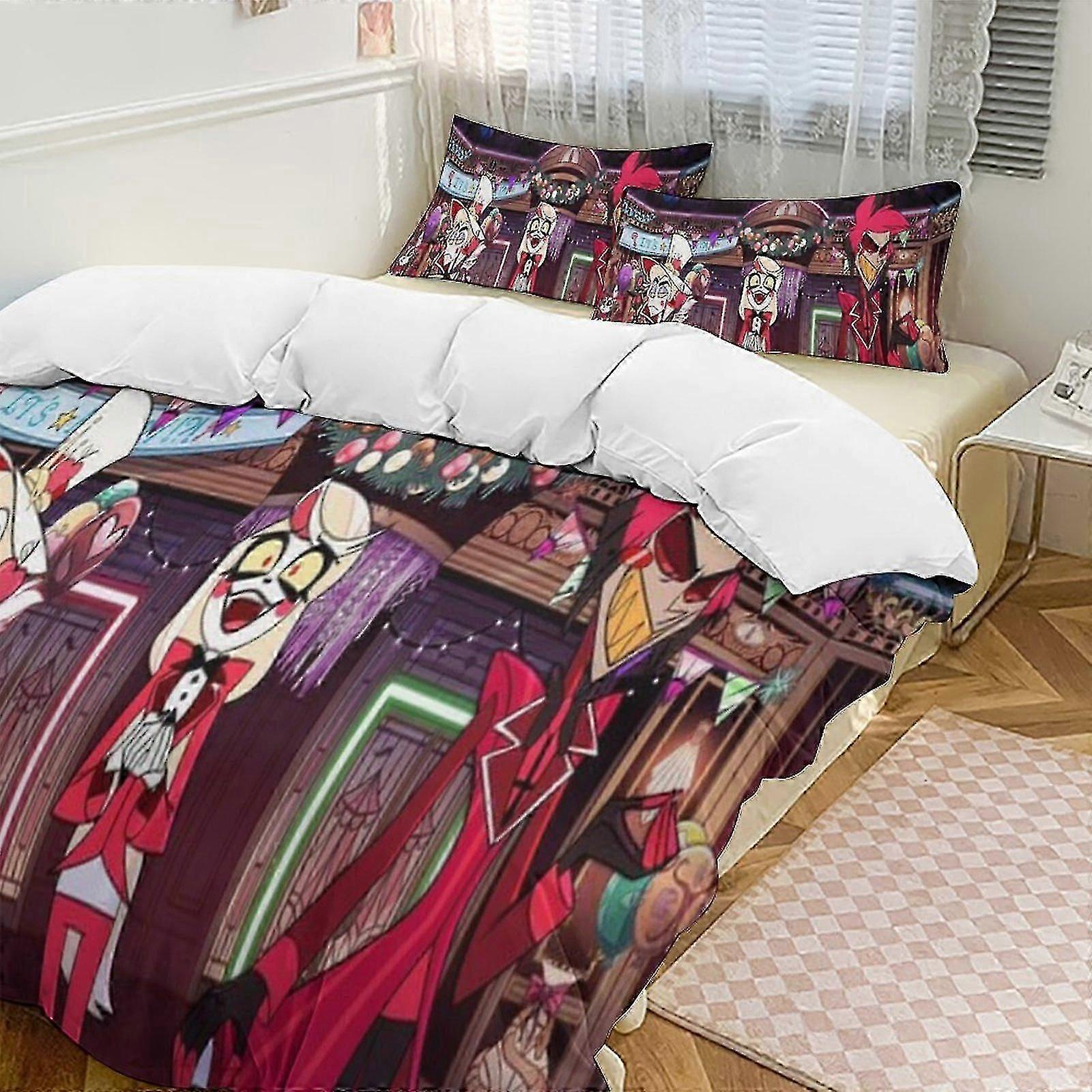 o1038 Lençóis Hazbin Hotel Down Capa de Edredom Conjunto de Cama de Microfibra, (1 Capa de Edredom e 2 Fronhas) Lençóis fg1038