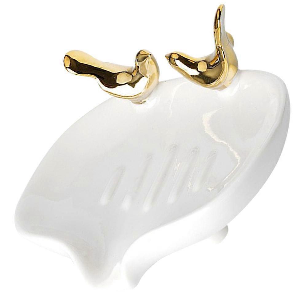 Ceramic Soap Container Self-Draining Birds Decor Prevents Soap from Softening 1Set