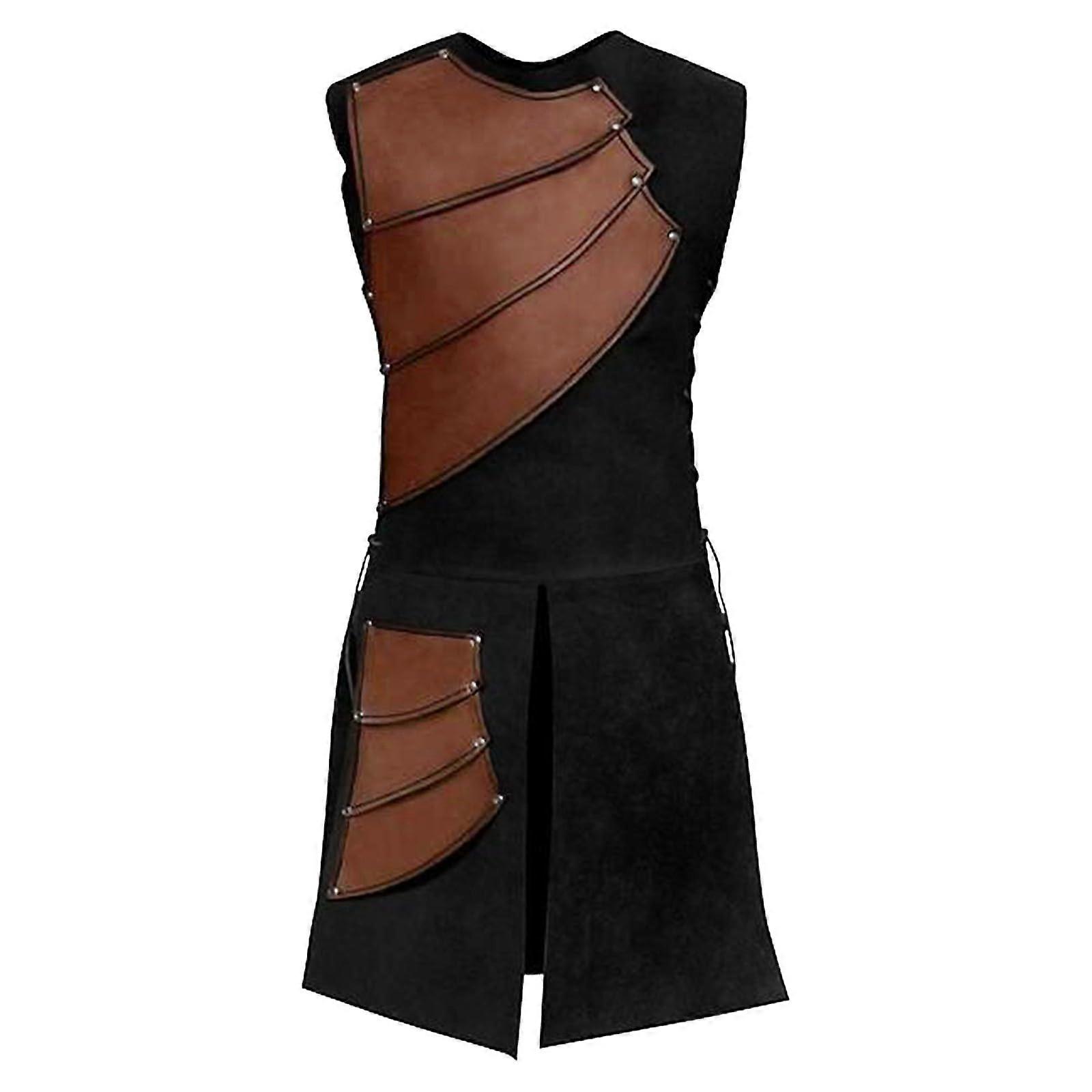 Men's Medieval Knight Costume Sleeveless Tunic Templar Knight Crusader Cosplay Weapon Skirt Brown Size M