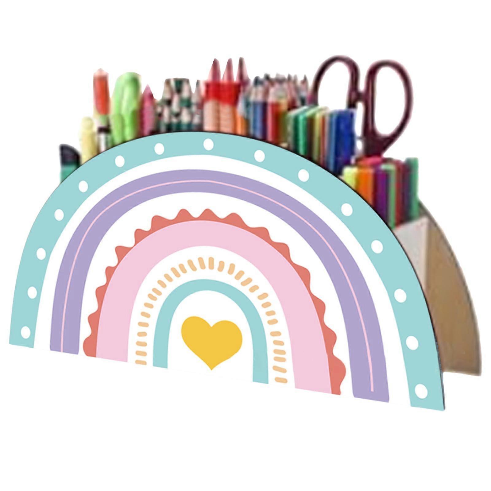 Rainbow Desk Organiser Pen Holder, Wooden Office Organiser for Children and Classroom, Multi-Color Storage Solution