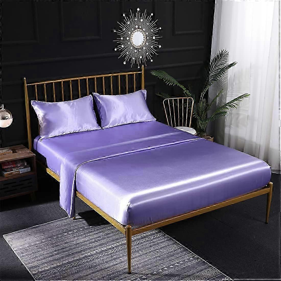 Cream Silk Satin 3pcs Bedding Set with Fitted Sheet,Flat Sheet,Pillowcase,Breathable,Purple(Twin)