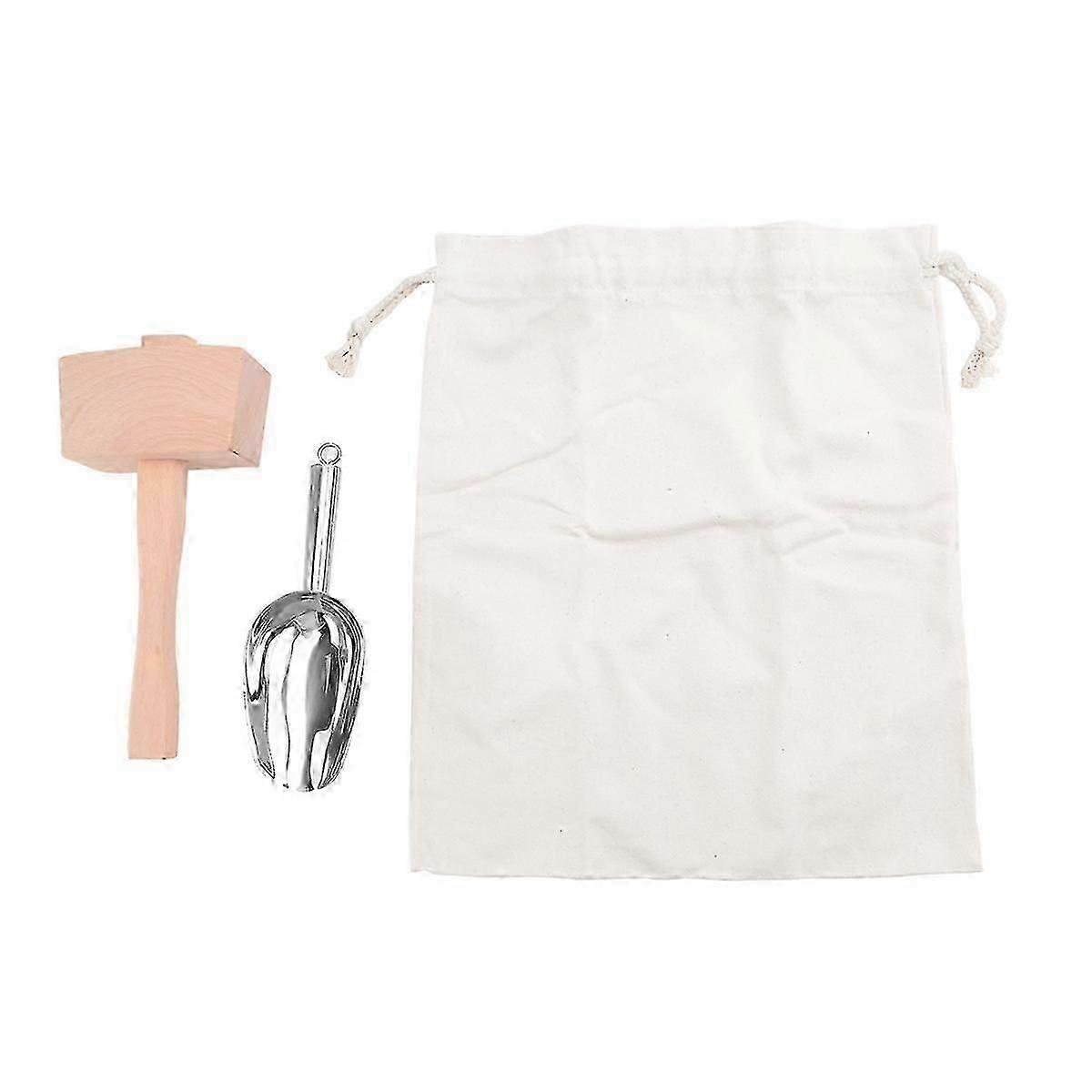Ice Mallet and Ice Bag - Wood Hammer & Cotton Linen Bag for Crushed Ice, Bartender Kit & Bar Tools