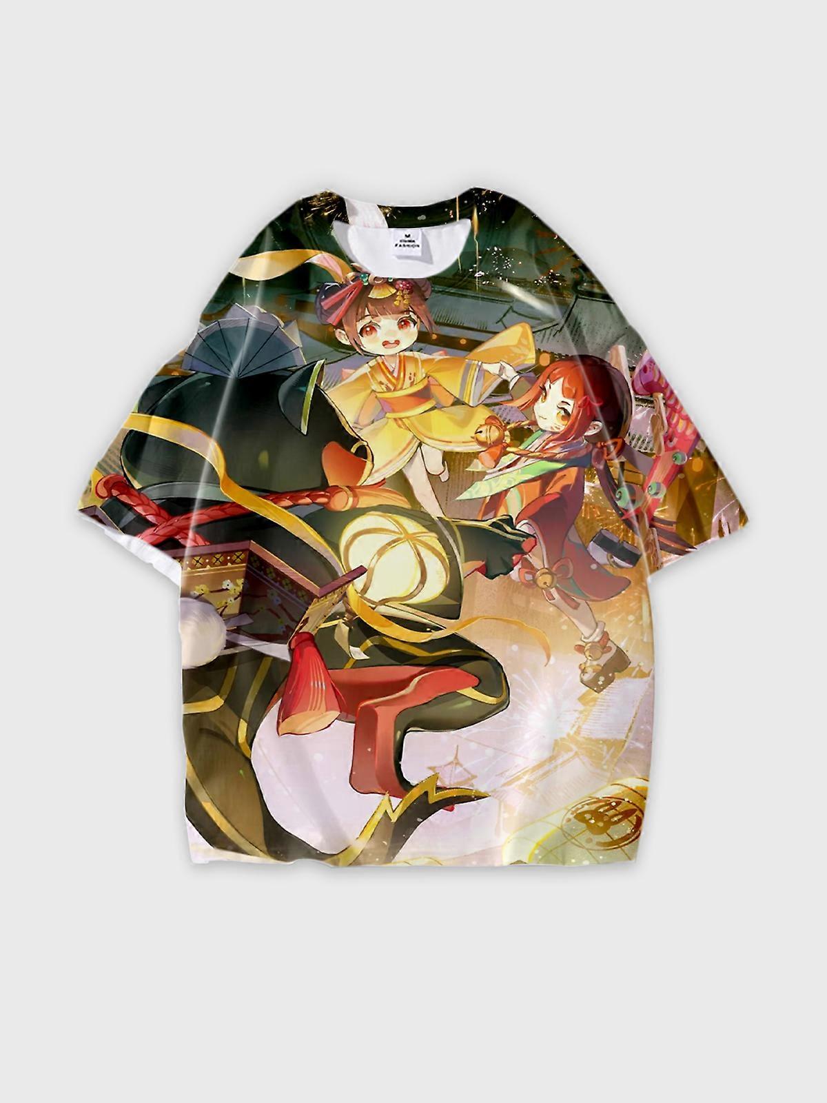 T-Shirt Round Neck, Loose Short Sleeve Onmyoji Graphic Tee, Unisex Summer Casual Top V2000