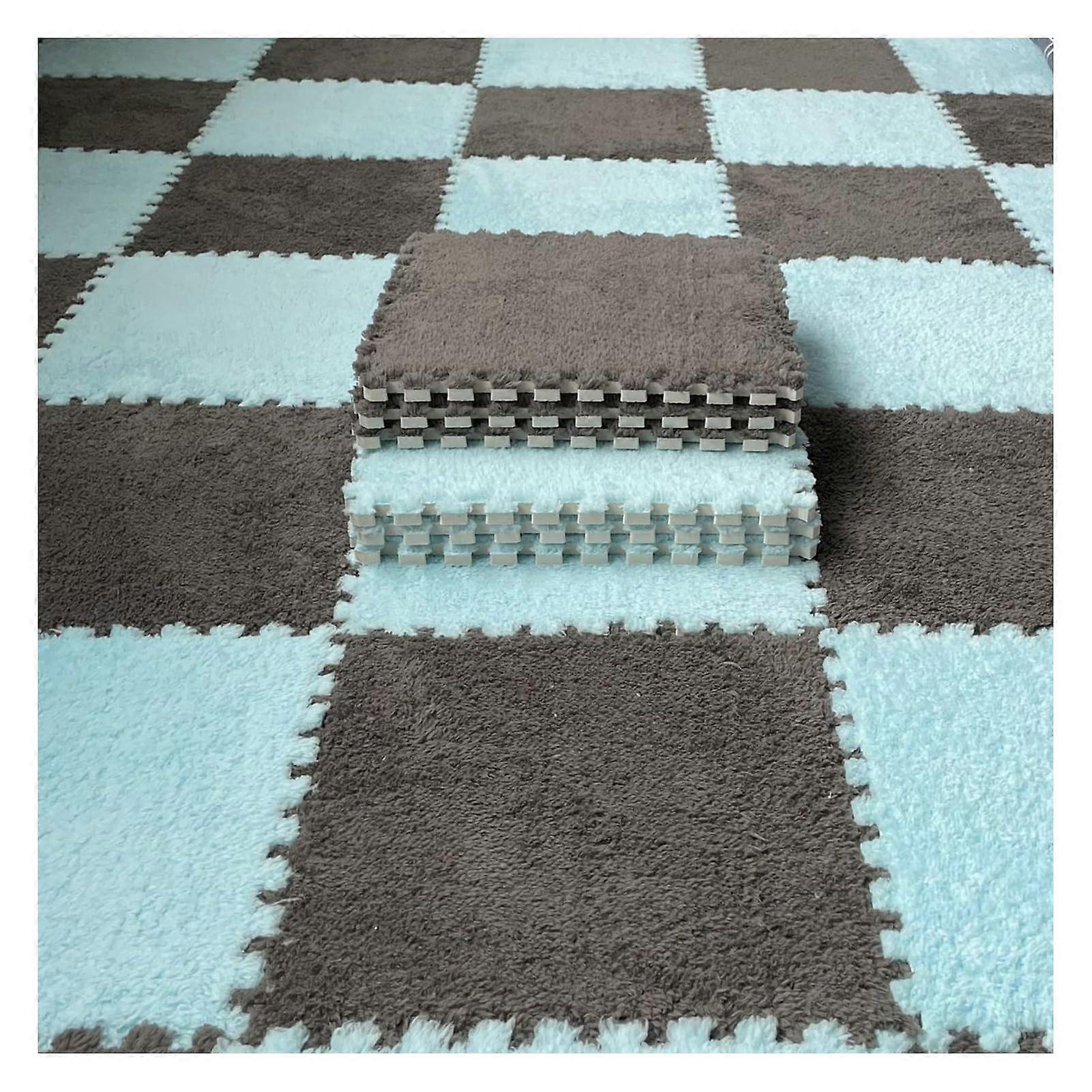 6 Pcs Plush Interlocking Foam Carpet Mat 12x12x0.4 Inch Jigsaw Mat Gray And Light Blue Square Splicing Floor Tiles