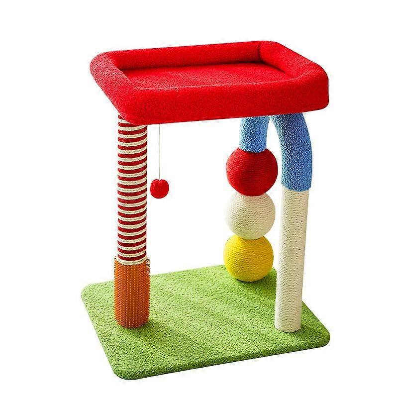 Cat Tree Scratching Post with Red Plush Perch, Multi-Coloured Sisal Posts, and Green Base for Indoor Cats
