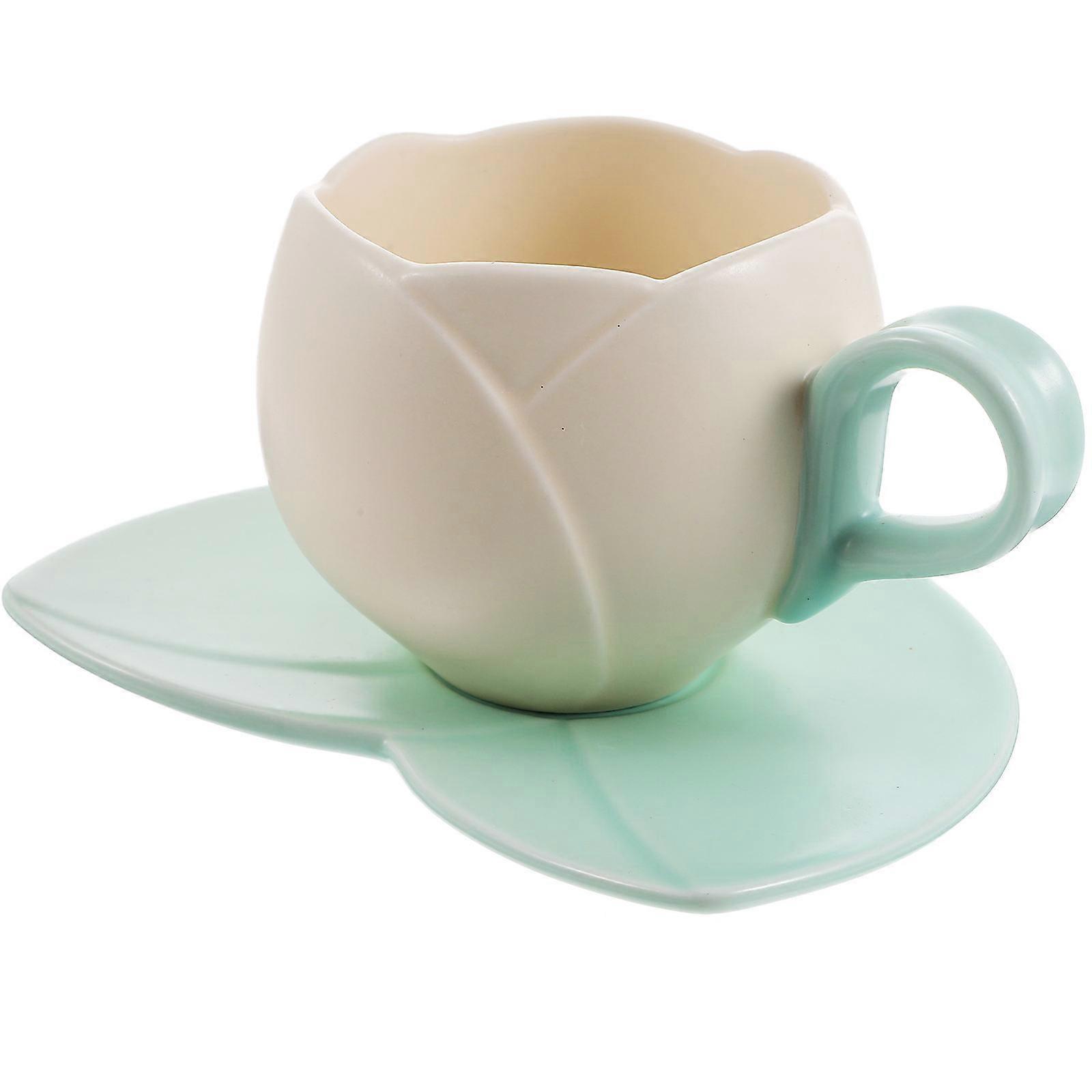 Beige Ceramic Coffee Cup with Saucer for Home Use 4Sets Tulip Design