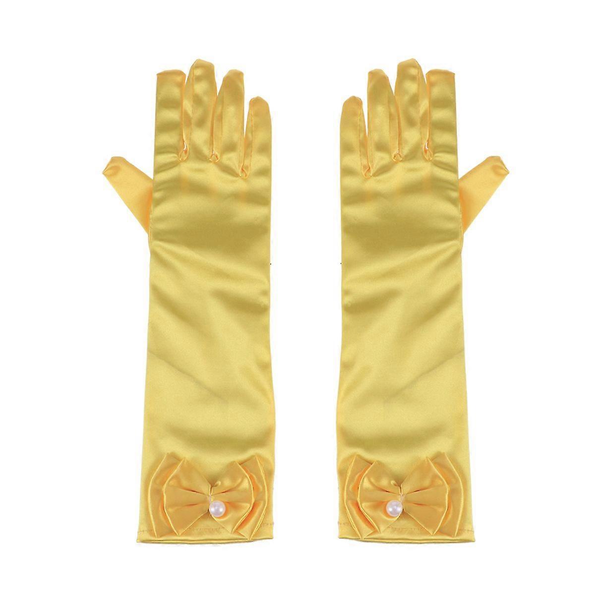 1 Pair Flower Girl Gloves Long Satin Bowknot Dress Gloves for Wedding Evening Party (Yellow)