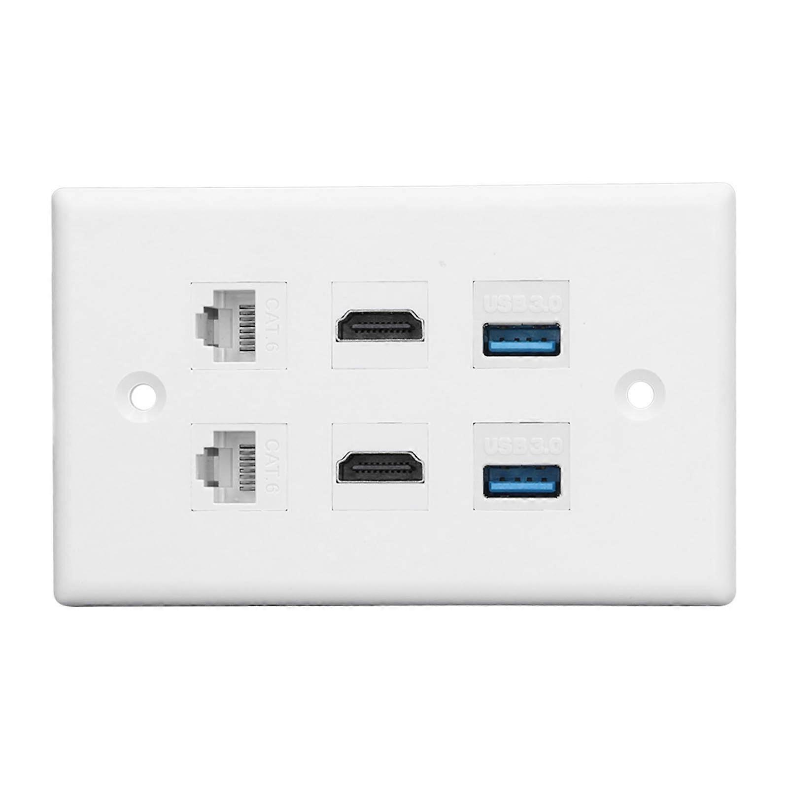 6 Port Wall Plate 2xHD Multimedia Interface 2xCat6 2xUSB3.0 RJ45 Ethernet Wall Plate for HDTV Projector Computer