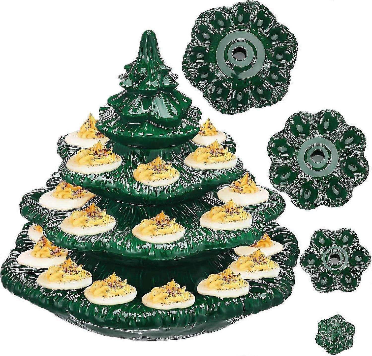 4 Pcs Christmas Tree Shape Deviled Egg Trays Platters Holds 26 Holes Stackable Ceramic Tree Deviled Egg Plates Holders for Xmas Holiday Farmhouse Kitc